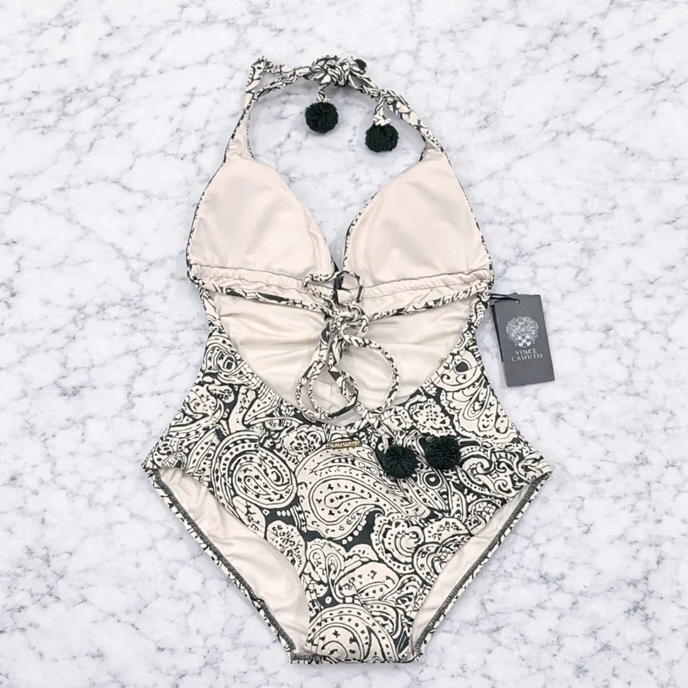 Vince Camuto Paisley Halter One Piece Swimsuit NWT Pom Detail